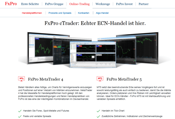 Eine Auswahl der Handelsplattformen bei FxPro