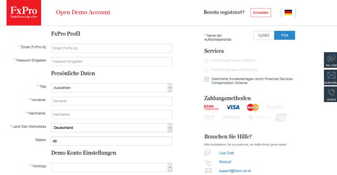 Das Eröffnungsformular für den FxPro Demo Account