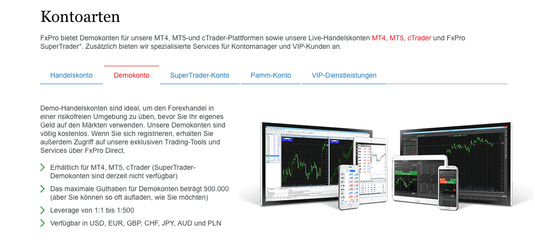 FxPro bietet Tradern auch ein Demokonto.