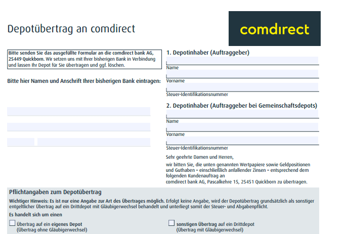 Das Formular zum comdirect Depotübertrag