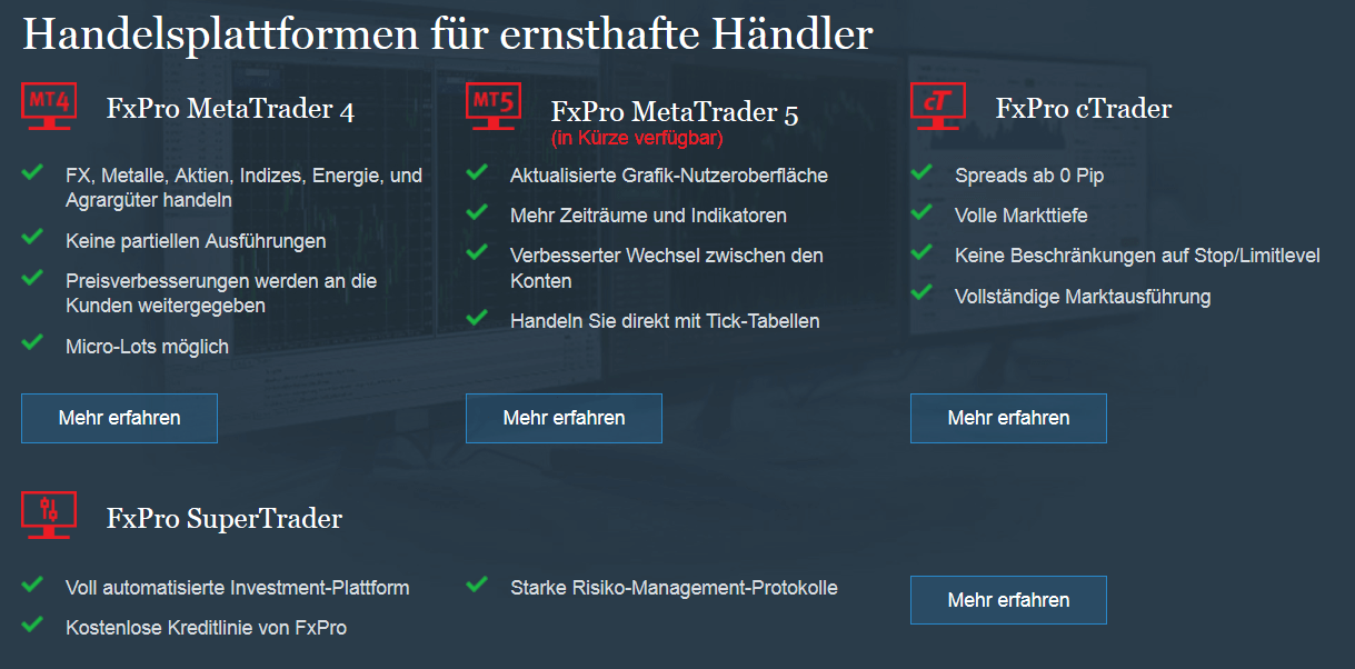 Bei FXPro stehen dem Kunden zahlreiche verschiedene Handelsplattformen zur Verfügung