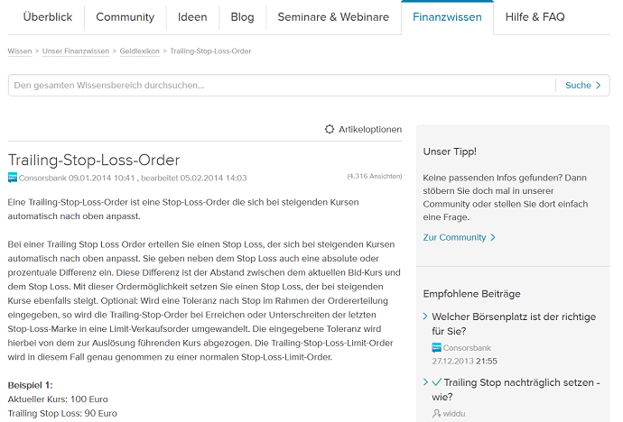 Im Bildungszentrum der Consorsbank finden Kunden Informationen zum Stop Loss