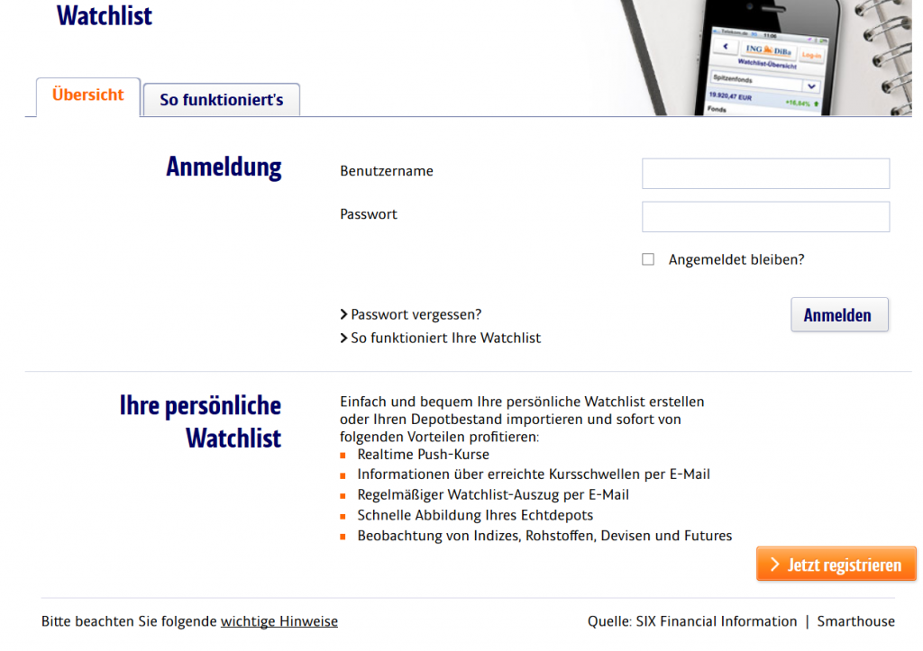 Eine der vielen Vorteile von Anlegern bei der ING-DiBa - die Watchlist