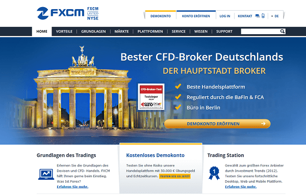 So sieht die Internetpräsenz des Brokers FXCM aus