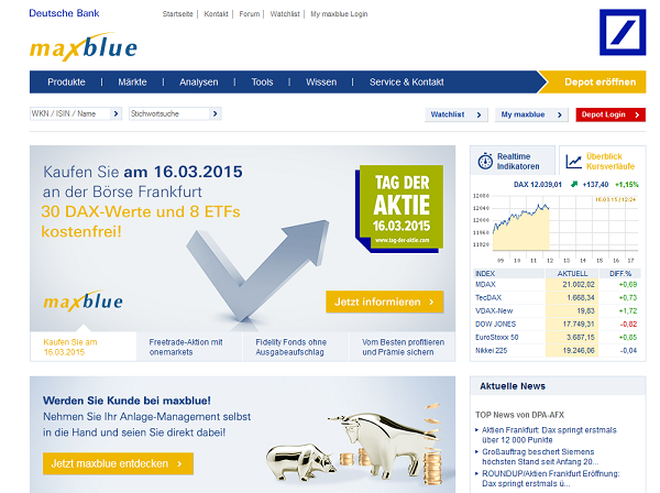 So sieht die Webpräsenz des Brokers maxblue aus