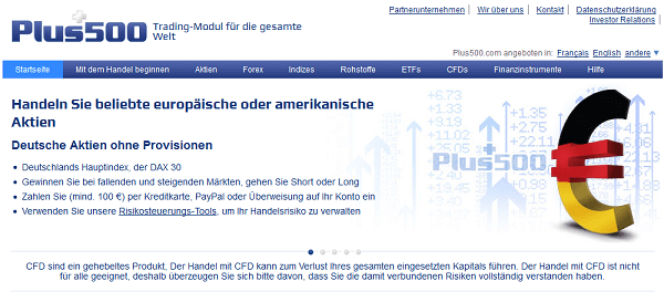 Webauftritt des Unternehmens Plus500