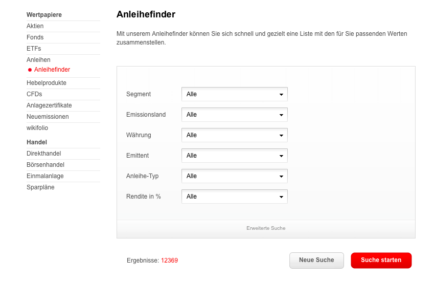 SBroker bietet auf der Webseite einen hilfreichen Anleihefinder