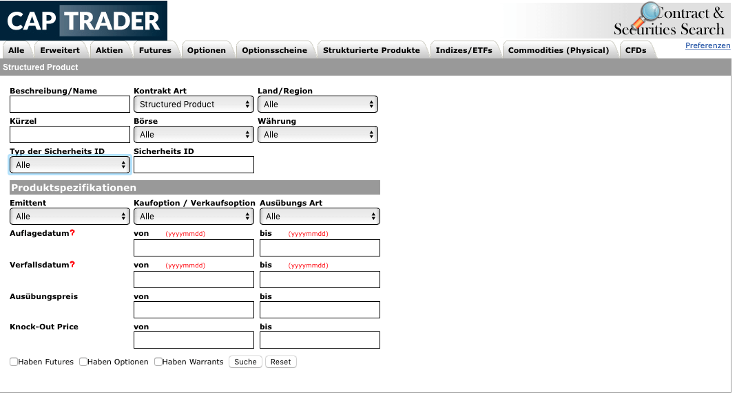 Zertifikate Auswahl CapTrader