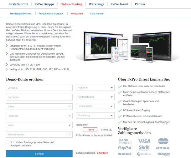 Das Eröffnungsformular für ein Daytrading Demokonto bei FxPro