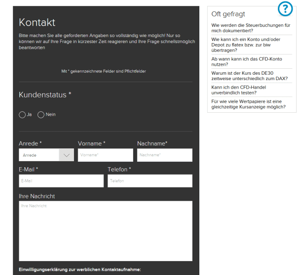 Das Kontaktformular im Support-Bereich von Flatex