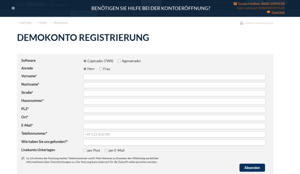 Das Eröffnungsformular für ein Demokonto bei CapTrader