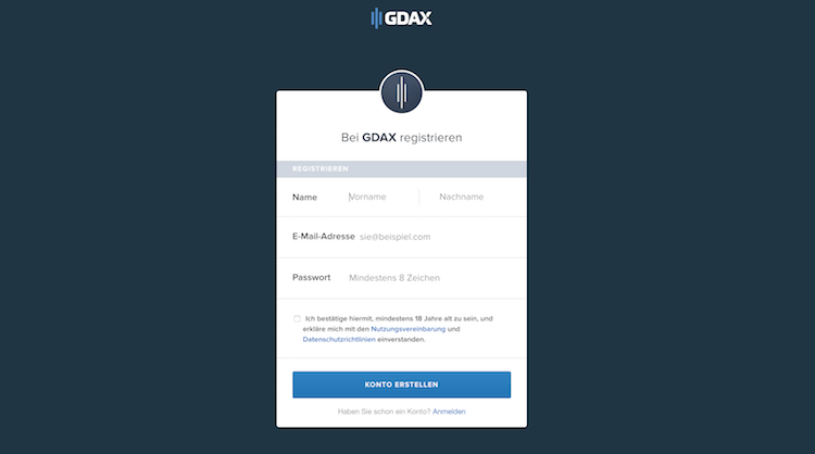 GDAX Kontoeröffnung