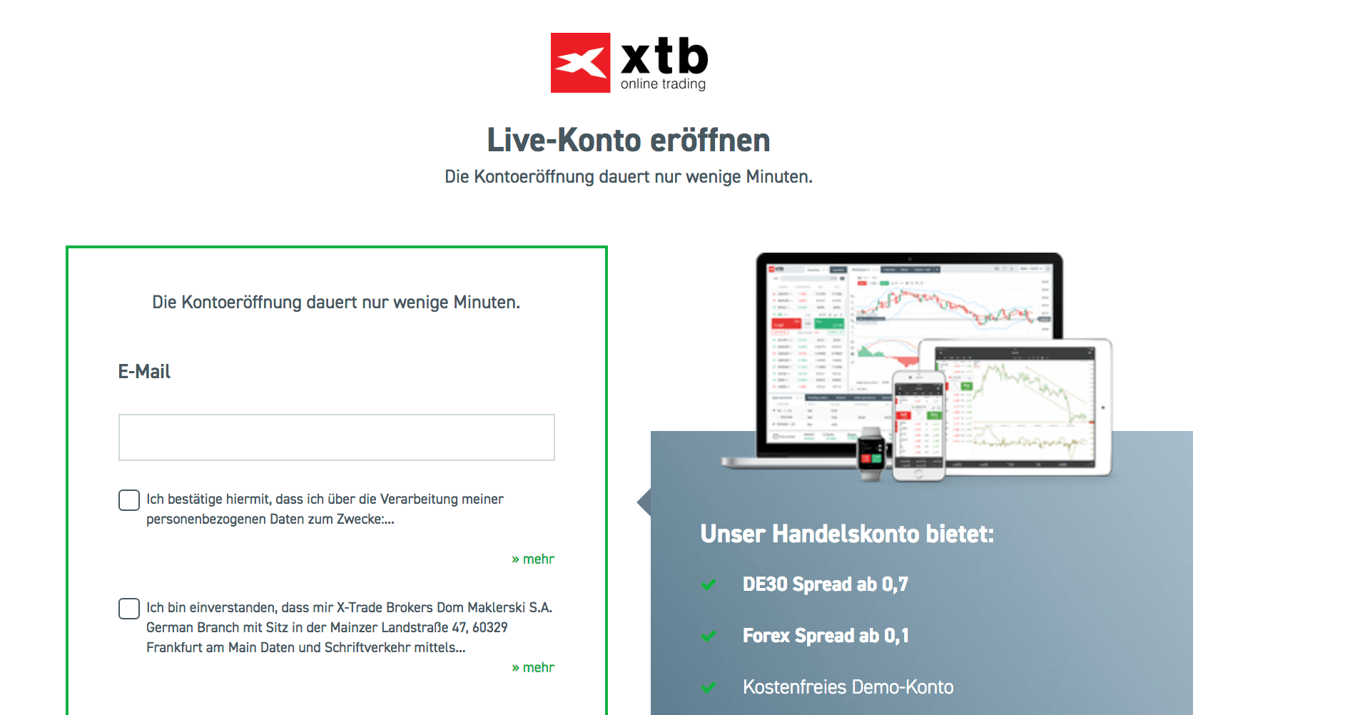 In nur wenigen Minuten zum Live-Konto des Online-Brokers XTB