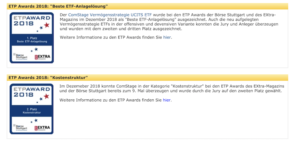 ComStage ETFs Auszeichnungen